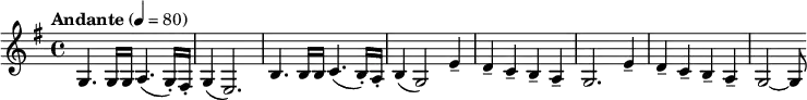 \relative c' { \time 4/4 \clef treble \key e \minor \tempo "Andante" 4 = 80 g4. g16 g a4.( g16-.) fis-. g4( e2.) b'4. b16 b c4.( b16-.) a-. b4( g2) e'4-- d-- c-- b-- a-- g2. e'4-- d-- c-- b-- a-- g2~ g8 }