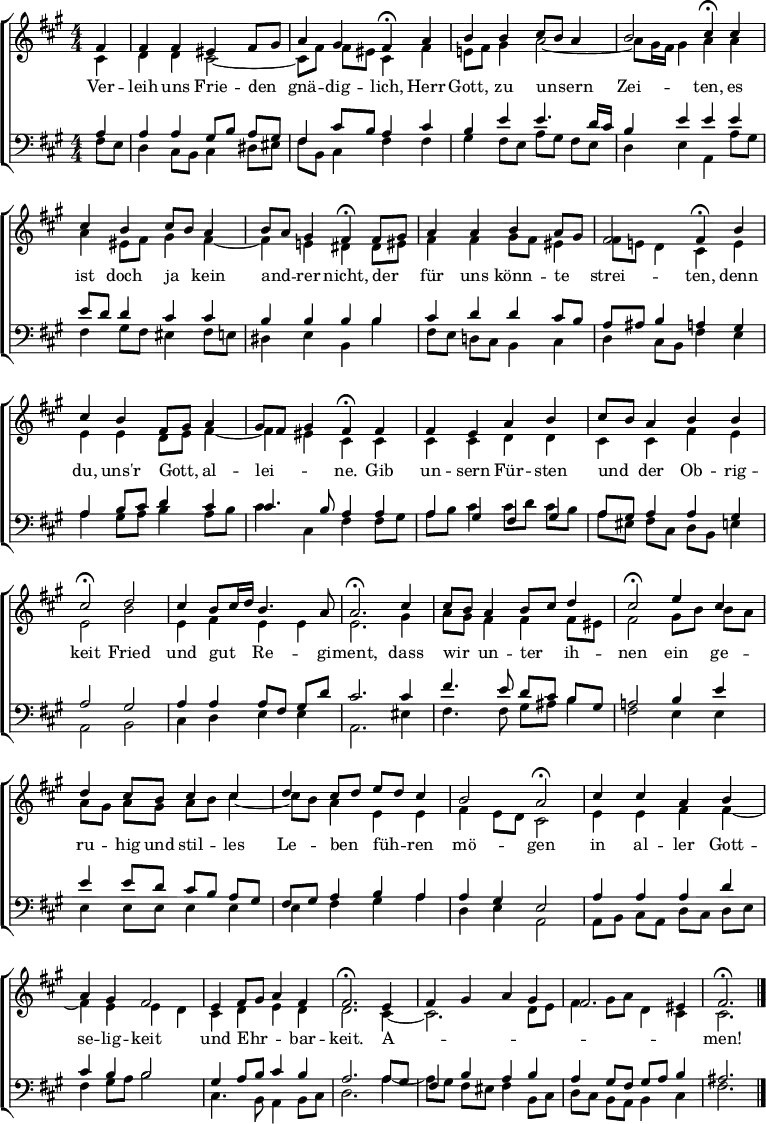 
\header { tagline = " " }
\layout { indent = 0 \context { \Score \remove "Bar_number_engraver" } }
global = { \transposition b \key fis \minor \numericTimeSignature \time 4/4 \set Score.tempoHideNote = ##t \set Timing.beamExceptions = #'() }
\score {
  \new ChoirStaff <<
    \new Staff
    <<
      \new Voice = "soprano" { \voiceOne
        \relative c' { \global
          \partial 4 fis4 |
          fis fis eis fis8 gis | a4 gis fis\fermata a |
          b b cis8 b a4 | b2 cis4\fermata cis |
          cis b cis8 b a4 | b8 a gis4 fis\fermata fis8 gis |
          a4 a b a8 gis | fis2 fis4\fermata b |
          cis b fis8 gis a4 | gis8 fis gis4 fis4\fermata fis |
          fis e a b | cis8 b a4 b b |
          cis2\fermata d | cis4 b8 cis16 d b4. a8 |
          a2.\fermata cis4 | cis8 b a4 b8 cis d4 |
          cis2\fermata e4 cis | d cis8 b cis4 cis |
          d cis8 d e d cis4 | b2 a2\fermata |
          cis4 cis a b | a gis fis2 |
          e4 fis8 gis a4 fis | fis2.\fermata e4 |
          fis gis a gis | fis2. eis4 |
          fis2.\fermata \bar "|."
        }
      }
      \new Voice = "alto" { \voiceTwo
        \relative c' { \global
          \partial 4 cis4 |
          d d cis2 ~ | cis8 fis fis eis cis4 fis |
          e!8 fis gis4 a2 ~ | a8 gis16 fis gis4 a a |
          a eis8 fis gis4 fis ~ | fis e! dis dis8 eis |
          fis4 fis gis8 fis eis4 | fis8 e! d4 cis e |
          e e d8 e fis4 ~ | fis eis cis cis |
          cis cis d d | cis cis fis e |
          e2 b' | e,4 fis e e |
          e2. gis4 | a8 gis fis4 fis fis8 eis |
          fis2 gis8 b b a | a gis a gis a b cis4 ~ |
          cis8 b a4 e e | fis e8 d cis2 |
          e4 e fis fis ~ | fis e e d |
          cis d e d | d2. cis4 ~ |
          cis2. d8 e | fis4 gis8 a d,4 cis |
          cis2.
        }
      }
    >>
    \new Lyrics \lyricsto "soprano" {
      Ver -- leih uns Frie -- den _ gnä -- dig -- lich,
      Herr Gott, zu un -- _ sern  Zei -- ten,
      es ist doch ja _ kein and -- _ rer nicht,
      der _ für uns könn -- te _ strei -- ten,
      denn du, uns'r Gott, _ al -- lei -- _ _ ne.
      Gib un -- sern Für -- sten und _ der Ob -- rig -- keit
      Fried und gut _ _ Re -- gi -- ment,
      dass wir _ un -- ter _ ih -- nen
      ein ge -- ru -- hig und stil -- les
      Le -- ben _ füh -- _ ren mö -- gen
      in al -- ler Gott -- se -- lig -- keit
      und Ehr -- _ _ bar -- keit.
      A -- _ _ _ _ _ _ men!
    }
    \new Staff
    <<
      \clef bass
      \new Voice = "tenor" { \voiceOne
        \relative c' { \global
          \partial 4 a4 |
          a a gis8 b a gis | fis4 cis'8 b a4 cis |
          b e e4. d16 cis | b4 e e e |
          e8 d d4 cis cis | b b b b |
          cis d d cis8 b | a ais b4 a gis |
          a4 b8 cis d4 cis | cis4. b8 a4 a |
          a gis fis gis | a8 gis a4 a gis |
          a2 gis | a4 a a8 fis gis d' |
          cis2. cis4 | fis4. e8 d cis b gis |
          a!2 b4 e | e e8 d cis b a gis |
          fis gis a4 b a | a gis e2 |
          a4 a a d | cis b b2 |
          gis4 a8 b cis4 b | a2. a8 gis |
          fis4 b a b | a gis8 fis gis a b4 |
          ais2.
        }
      }
      \new Voice = "bass" { \voiceTwo
        \relative c { \global
          \partial 4 fis8 e |
          d4 cis8 b cis4 dis8 eis | fis b, cis4 fis fis |
          gis fis8 e a gis fis e | d4 e a, a'8 gis |
          fis4 gis8 fis eis4 fis8 e | dis4 e b b' |
          fis8 e d! cis b4 cis | d cis8 b fis'4 e |
          a gis8 a b4 a8 b | cis4 cis, fis fis8 gis |
          a b cis4 cis8 d cis b | a eis fis cis d b e4 |
          a,2 b | cis4 d e e |
          a,2. eis'4 | fis4. fis8 gis ais b4 |
          fis2 e4 e | e e8 e e4 e |
          e fis gis a | d, e a,2 |
          a8 b cis a d cis d e | fis4 gis8 a b2 |
          cis,4. b8 a4 b8 cis | d2. a'4 ~ |
          a8 gis fis eis fis4 b,8 cis | d cis b a b4 cis |
          fis2.
        }
      }
    >>
  >>
  \layout { }
}
\score {
  \new ChoirStaff <<
    \new Staff \with { midiInstrument = "choir aahs" }
    <<
      \new Voice = "soprano" { \voiceOne
        \relative c' { \global
          \tempo 4=68
          \partial 4 fis4 |
          fis fis eis fis8 gis | \tempo 4=60 a4 \tempo 4=52 gis \tempo 4=34 fis8. r16 \tempo 4=68 a4 |
          b b cis8 b a4 | \tempo 4=60 b2 \tempo 4=34 cis8. r16 \tempo 4=68 cis4 |
          cis b cis8 b a4 | \tempo 4=60 b8 a \tempo 4=52 gis4 \tempo 4=34 fis8. r16 \tempo 4=68 fis8 gis |
          a4 a b a8 gis | \tempo 4=60 fis2 \tempo 4=34 fis8. r16 \tempo 4=68 b4 |
          cis b fis8 gis a4 | \tempo 4=60 gis8 fis \tempo 4=52 gis4 \tempo 4=34 fis8. r16 \tempo 4=68 fis4 |
          fis e a b | cis8 b a4 \tempo 4=60 b \tempo 4=52 b |
          cis4. r8 \tempo 4=68 d2 | cis4 b8 cis16 d \tempo 4=60 b4. a8 |
          a2 r4 \tempo 4=68 cis4 | cis8 b a4 \tempo 4=60 b8 cis \tempo 4=52 d4 |
          cis4. r8 \tempo 4=68 e4 cis | d cis8 b cis4 cis |
          d cis8 d e d cis4 | \tempo 4=60 b2 \tempo 4=52 a4. r8 |
          \tempo 4=68 cis4 cis a b | \tempo 4=60 a \tempo 4=52 gis fis4. r8 |
          \tempo 4=68 e4 fis8 gis \tempo 4=60 a4 \tempo 4=52 fis | fis2 r4 \tempo 4=68 e4 |
          fis gis a gis | \tempo 4=60 fis2. \tempo 4=36 eis4 |
          fis2. r
        }
      }
      \new Voice = "alto" { \voiceTwo
        \relative c' { \global
          \partial 4 cis4 |
          d d cis2 ~ | cis8 fis fis eis cis8. r16 fis4 |
          e!8 fis gis4 a2 ~ | a8 gis16 fis \tempo 4=52 gis4 a8. r16 a4 |
          a eis8 fis gis4 fis ~ | fis e! dis8. r16 dis8 eis |
          fis4 fis gis8 fis eis4 | fis8 e! \tempo 4=52 d4 cis8. r16 e4 |
          e e d8 e fis4 ~ | fis eis cis8. r16 cis4 |
          cis cis d d | cis cis fis e |
          e4. r8 b'2 | e,4 fis e \tempo 4=52 e |
          e2 r4 gis4 | a8 gis fis4 fis fis8 eis |
          fis4. r8 gis8 b b a | a gis a gis a b cis4 ~ |
          cis8 b a4 e e | fis \tempo 4=52 e8 d cis4. r8 |
          e4 e fis fis ~ | fis e e d8. r16 |
          cis4 d e d | d2 r4 cis4 ~ |
          cis2. d8 e | fis4 \tempo 4=52 gis8 a \tempo 4=44 d,4 cis |
          cis2. r
        }
      }
    >>
    \new Staff \with { midiInstrument = "choir aahs" }
    <<
      \clef bass
      \new Voice = "tenor" { \voiceOne
        \relative c' { \global
          \partial 4 a4 |
          a a gis8 b a gis | fis4 cis'8 b a8. r16 cis4 |
          b e e4. d16 cis | b4 e e8. r16 e4 |
          e8 d d4 cis cis | b b b8. r16 b4 |
          cis d d cis8 b | a ais b4 a8. r16 gis4 |
          a4 b8 cis d4 cis | cis4. b8 a8. r16 a4 |
          a gis fis gis | a8 gis a4 a gis |
          a4. r8 gis2 | a4 a a8 fis gis d' |
          cis2 r4 cis4 | fis4. e8 d cis b gis |
          a!4. r8 b4 e | e e8 d cis b a gis |
          fis gis a4 b a | a gis e4. r8 |
          a4 a a d | cis b b4. r8 |
          gis4 a8 b cis4 b | a2 r4 a8 gis |
          fis4 b a b | a gis8 fis gis a b4 |
          ais2. r
        }
      }
      \new Voice = "bass" { \voiceTwo
        \relative c { \global
          \partial 4 fis8 e |
          d4 cis8 b cis4 dis8 eis | fis b, cis4 fis8. r16 fis4 |
          gis fis8 e a gis fis e | d4 e a,8. r16 a'8 gis |
          fis4 gis8 fis eis4 fis8 e | dis4 e b8. r16 b'4 |
          fis8 e d! cis b4 cis | d cis8 b fis'8. r16 e4 |
          a gis8 a b4 a8 b | cis4 cis, fis8. r16 fis8 gis |
          a b cis4 cis8 d cis b | a eis fis cis d b e4 |
          a,4. r8 b2 | cis4 d e e |
          a,2 r4 eis'4 | fis4. fis8 gis ais b4 |
          fis4. r8 e4 e | e e8 e e4 e |
          e fis gis a | d, e a,4. r8 |
          a8 b cis a d cis d e | fis4 gis8 a b4. r8 |
          cis,4. b8 a4 b8 cis | d2 r4 a'4 ~ |
          a8 gis fis eis fis4 b,8 cis | d cis b a b4 cis |
          fis2. r
        }
      }
    >>
  >>
  \midi { }
}
