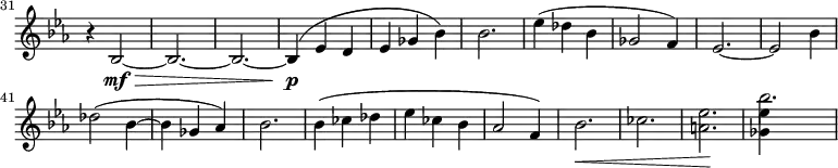\relative c' \new Staff \with { \remove "Time_signature_engraver" } {
\key es \major \clef "treble"
\set Staff.midiInstrument = "violin"
\set Score.tempoHideNote = ##t \tempo 4 = 76
\set Score.currentBarNumber = #31 \bar ""
\time 3/4
r4 bes2\mf\> ~ | bes2. ~ | bes ~ | bes4\p( es d | es ges bes) | bes2. |
es4( des bes | ges2 f4) | es2. ~ | es2 bes'4 |
des2( bes4 ~ | bes ges as) | bes2. |
\override Hairpin #'to-barline = ##f
bes4( ces des | es ces bes | as2 f4) | bes2.\< | ces | <a es'>\! | << \stemDown <ges es'>4 \\ bes'2. >> |
}