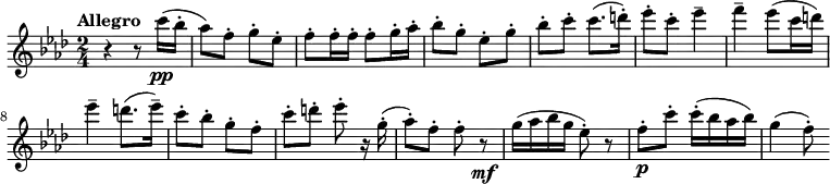 \header{
title = "Seventeen Come Sunday"
}
\relative c'''
{
\key f \minor
\time 2/4 \set Score.tempoHideNote = ##t \tempo "Allegro" 4 = 120
r4 r8 c16\pp (bes16-. aes8) f8-. g8-. es8-. f8-. f16-. f16-. f8-.
g16-. aes16-. bes8-. g8-. es8-. g8-. bes8-. c8-. c8. (d16-.) es8-. c8-. es4--
f4-- es8 (c16 d16)
es4-- d8. (es16--) c8-. bes8-. g8-. f8-. c'8-. d8-.
es8-. r16 g,16-. (aes8-.) f8-. f8-. r8\mf g16 (aes16 bes16 g16 es8-.) r8 f8-.\p c'8-. c16-. (bes16 aes16 bes16) g4 (f8-.)
}