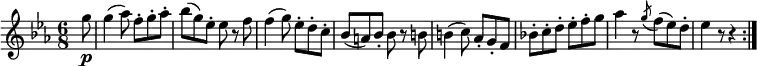 { \relative g'' { \key es \major \time 6/8
\partial 8 g8 \p | g4( as8) f-. g-. as-. | bes8( g) es-. es r f | f4( g8) es-. d-. c-. |
bes8( a) bes-. bes r b | b4( c8) as-. g-. f | bes!8-. c-. d-. es-. f-. g |
as4 r8 \acciaccatura g f( es) d-. | es4 r8 r4 \bar ":|." }}
\layout { \context {\Score \override SpacingSpanner.common-shortest-duration = #(ly:make-moment 1/4) }}