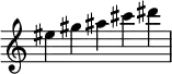 
\relative c'' {
  \time 5/4
  \omit Score.TimeSignature
  eis gis ais cis dis
}
