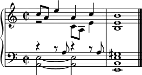 
% Score borrowed from [[:de:Kurze Oktave]].
{
\new PianoStaff <<
  \new Staff <<
    \new Voice { \voiceOne \relative c'' { \clef "treble" \time 2/2 \key c \major | \stemUp c8 [ \stemUp a8 ] \stemUp e'4 \stemUp a,4 \stemUp c4 | <b, e b'>1 \bar "|." }}
    \new Voice {  \voiceTwo \relative c' { \clef "treble" \time 2/2 \key c \major | r2 \stemDown c8 [ \stemDown a8 ] \stemDown e'4 s1 \bar "|." }}
  >>
  \new Staff <<
    \new Voice {  \voiceOne \relative a { \clef "bass" \time 2/2 \key c \major | r4 r8 \stemUp a8 r4 r8 \stemUp a8 | <e, b' e gis>1 \bar "|." }}
    \new Voice {  \voiceTwo \relative a, { \clef "bass" \time 2/2 \key c \major | \stemDown <a e'>2 ~ ~ \stemDown <a e'>2 s1 \bar "|." }}
  >>
>>
}
