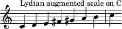 {
\override Score.TimeSignature #'stencil = ##f
\relative c' {
\clef treble \time 7/4
c4^\markup { Lydian augmented scale on C } d e fis gis a b c
} }