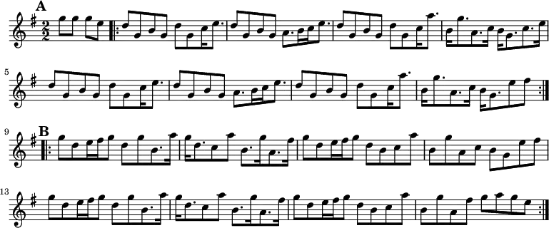 
\version "2.18.2"
<< <<
\new Staff { \set Staff.midiInstrument = "violin" \clef treble  \key g \major \numericTimeSignature \time 2/2 \partial 2 \relative g'' { 
        \mark \default g8 [ g8 ] g8 [ e8 ]  \repeat volta 2 {
        d8 [ g,8 b8 g8 ] d'8 [ g,8 c16 e8. ] | % 3
        d8 [ g,8 b8 g8 ] a8. [ b16 c16 e8. ] | % 4
        d8 [ g,8 b8 g8 ] d'8 [ g,8 c16 a'8. ] | % 5
        b,16 [ g'8. a,8. c16 ] b16 [ g8. c8. e16 ] \break | % 6
        d8 [ g,8 b8 g8 ] d'8 [ g,8 c16 e8. ] | % 7
        d8 [ g,8 b8 g8 ] a8. [ b16 c16 e8. ] | % 8
        d8 [ g,8 b8 g8 ] d'8 [ g,8 c16 a'8. ] | % 9
        b,16 [ g'8. a,8. c16 ] b16 [ g8. e'8 fis8 ] \break | \barNumberCheck #10 }
    \repeat volta 2 {
        \mark \default g8 [ d8 e16 fis16 g8 ] d8 [ g8 b,8. a'16 ] | % 11
        g16 [ d8. c8 a'8 ] b,8. [ g'16 a,8. fis'16 ] | % 12
        g8 [ d8 e16 fis16 g8 ] d8 [ b8 c8 a'8 ] | % 13
        b,8 [ g'8 a,8 c8 ] b8 [ g8 e'8 fis8 ] \break | % 14
        g8 [ d8 e16 fis16 g8 ] d8 [ g8 b,8. a'16 ] | % 15
        g16 [ d8. c8 a'8 ] b,8. [ g'16 a,8. fis'16 ] | % 16
        g8 [ d8 e16 fis16 g8 ] d8 [ b8 c8 a'8 ] | % 17
        b,8 [ g'8 a,8 fis'8 ] g8 [ a8 g8 e8 ] }
} }
>> >>
\layout { indent = #0 }
\midi { \tempo 4 = 100 }
