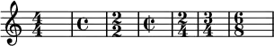 {
\override Score.SpacingSpanner.strict-note-spacing = ##t
\set Score.proportionalNotationDuration = #(ly:make-moment 1/1)
\key c \major
\relative c' {
\numericTimeSignature \time 4/4 s1
\defaultTimeSignature \time 4/4 s1
\numericTimeSignature \time 2/2 s1
\defaultTimeSignature \time 2/2 s1
\time 2/4 s2
\time 3/4 s2.
\time 6/8 s2.
} }