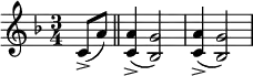 \relative c' { \clef treble \key f \major \time 3/4 \partial 4*1 \set Staff.midiInstrument = #"string ensemble 1" c8(-> a') \bar "||" <a c,>4->( <g bes,>2) | <a c,>4->( <g bes,>2) } \midi{\tempo 4 = 80}