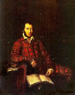 Posthumous portrait of Alexander Pushkin by Carl Peter Mazer, 1839, shows him in a red and green tartan dressing gown[763]