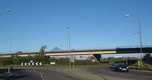 A66 elevated section in Middlesbrough, with the Transporter Bridge in the background at centre left