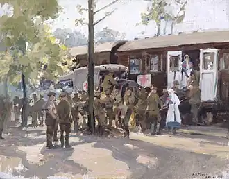 A Red Cross Train, France; wounded British soldiers are transferred from a motor ambulance to a Red Cross train, 1918, artist Harold Septimus Power