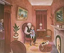 This illustration features Miss Rumphius when she is a young girl. She is seated on her grandfather's lap in their living room. The walls are lined in a rosy-red wallpaper, and red curtains hang from the window at the far end of the room. Alice's grandmother is off to the left making dinner in the kitchen, and a cat is curled up on an ottoman looking into the fire of the fireplace. On the walls are two paintings—one of a sailing ship being tossed in a great sea storm, and the second of a straw-roofed house on stilts surrounded by palm trees, sitting on a beach. On the mantle of the fireplace rest several photos of family members in small oval frames, a large conch shell, and a vase of peacock feathers—perhaps treasures from her grandfather's travels.