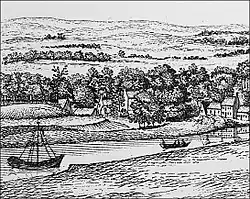 Black and white sketch of the banks of the River Clyde in the eighteenth century showing a hill upon the bank