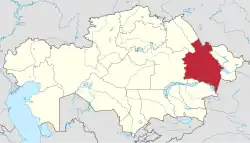 Map of Kazakhstan, location of Abai Region highlighted