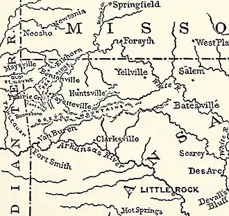 A map of northwestern Arkansas. Van Buren is on the north side of the Arkansas River, with Fort Smith on the south side. Prairie Grove is on the north side of the Boston Mountains