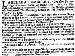 1788, March 17. Early advertisement for newly-named Rice's Rooms (formerly Hickford's)