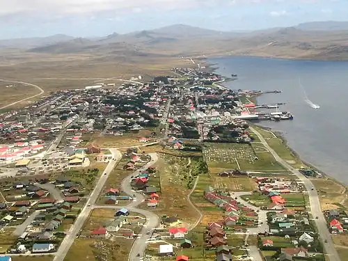 Aerial photograph of small seaside city