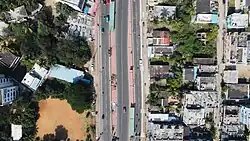 Aerial view of two bus stops and the bus lane in Purushothapuram, Vizag.