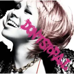 A grey-scale close-up shot of Ai smiling and looking up to her right. Her hair is tinted a pastel pink colour, and she is wearing a chunky chain around her neck, tinted slightly golden. In front of the picture are the words "DON'TSTOPA.I." written diagonally in pink, in a scratchy etching-like font.