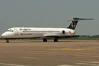 An Air Uganda McDonnell Douglas MD-87 at Entebbe International Airport