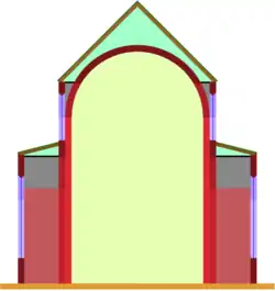 Aisleless church with wallside pilasters, a barrel-vault and upper windows above lateral chapels