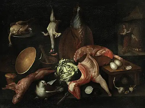 Carved meat, eggs, and utensils. Kitchen Still Life by Alejandro de Loarte; c. 1626, 82 × 108&nbsp;cm, private collection.