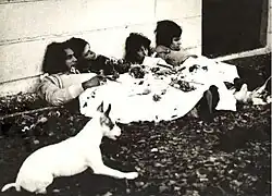 Black-and-white photo of the band lying on the ground