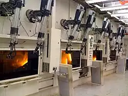 Image 75Most waste packaging, small-scale experimental fuel recycling chemistry and radiopharmaceutical refinement is conducted within remote-handled hot cells. (from Nuclear power)