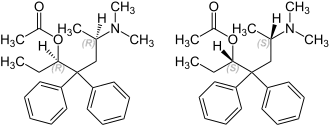 Skeletal formulas of (R,R)-alphacetylmethadol (left), and (S,S)-alphacetylmethadol (right)