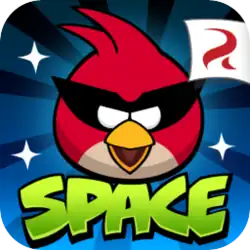 A square-shaped game icon of an angry limbless red cartoon bird with an eye mask, on a dark blue outwards-striped starry background. The word "SPACE" is written below. The Rovio Entertainment logo is inside a white banner located in the top right corner.