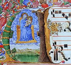 Antiphonary III; The Madonna and Child enthroned in the angelic Host (ca. 1442) Tempera, gold, and ink on vellum (15 x 14.5&nbsp;cm.) Biblioteca Comunale degli Intronati, Siena