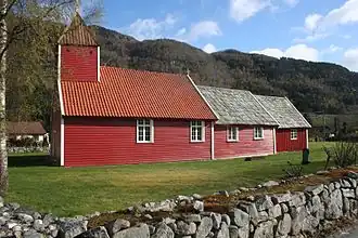 Old Årdal Church (Hjelmeland Municipality), long church, log construction, Stavanger renaissance (1620)