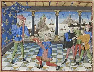 Herald Gilles Le Bouvier presenting the Armorial of Gilles Le Bouvier [fr] to Charles VII of France c. 1455.