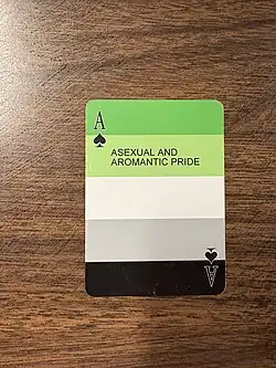 An ace of spades with the words “ASEXUAL AND AROMANTIC PRIDE” on it and aromantic flag colors in the background, part of a display for International Asexuality Day set up in Pennsylvania in 2025.