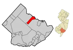Location of Egg Harbor City in Atlantic County highlighted in red (left). Inset map: Location of Atlantic County in New Jersey highlighted in orange (right).