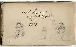 Note manuscrite; homme assis; femme; peintre à son chevalet, 1823, Louvre Museum.