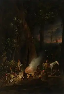 Augustus Earle, A bivouac of travellers in Australia in a cabbage-tree forest, day break, 1838