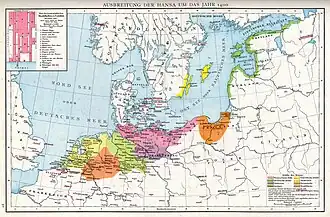 Northern Europe in the 1400s, showing the extent of the Hanseatic League