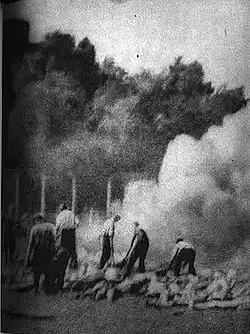 Sonderkommando in Auschwitz-Birkenau, , August 1944. Incineration of corpses