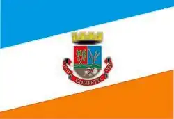 Three stripes of blue, white and orange. There is a crest in the middle with corn and a tractor inside.