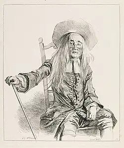 François Boucher after Watteau, Vieillard assis sur une chaise, coiffé d'un grand chapeau, 1726, etching, plate 69 in Figures de différents caractères; Louvre, Paris