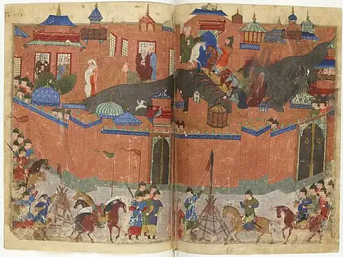 Manuscript painting of an army besieging a large walled city.