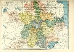 Barony map of County Meath, 1900; Duleek Lower is in the east, coloured green.