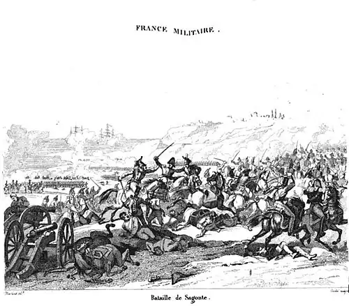 Black and white print labeled Bataille de Sagonte shows a battle with cavalrymen fighting in the foreground.