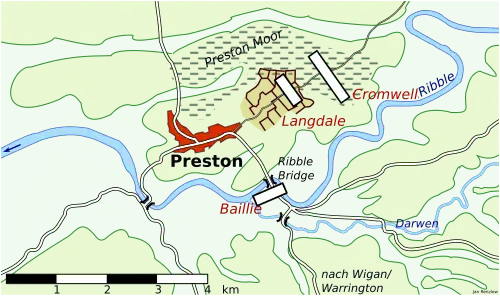 A map of the area around Preston showing the English and Scottish Royalists and of the Parliamentarians as the battle commenced