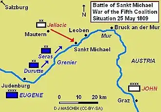 The Battle of Sankt Michael, showing the situation early on 25 May 1809 as the divisions of Seras and Durutte move to intercept Jellacic's march.