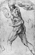 Study for the first figure on the right standing with a mace in his right hand