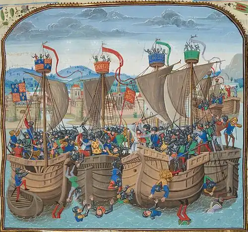 Four sturdy wooden ships lying side by side filled with men armed with shields, swords and bows fighting in a confused melee