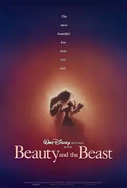A silhouette of the Beast dancing with Belle behind warm light. The film's tagline reads "The most beautiful love story ever told" with each word stacked vertically.