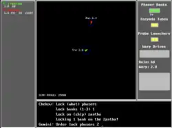 Screenshot of the game "Begin 2". Middle shows a 2D map of the space and the spaceships, right hand shows status of weapons and at the bottom a command window is shown.