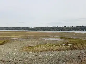 Beach with tide flats and land in distance